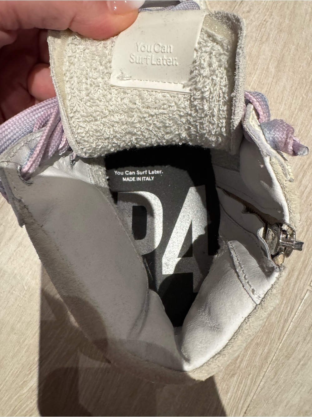 P448 Women's Taylor Lond High-Top Sneakers in Light Gray Lavender Laces Size - Picture 5 of 7